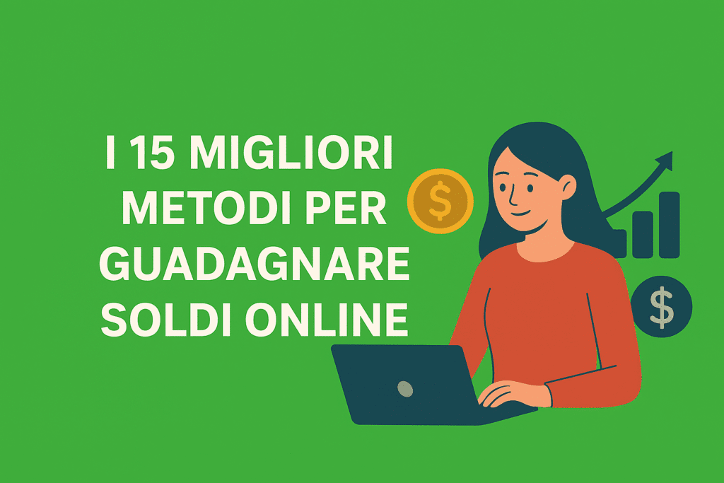 Illustrazione su sfondo verde di una persona al computer che spiega come guadagnare soldi online, guida completa per fare soldi online e iniziare come freelance.