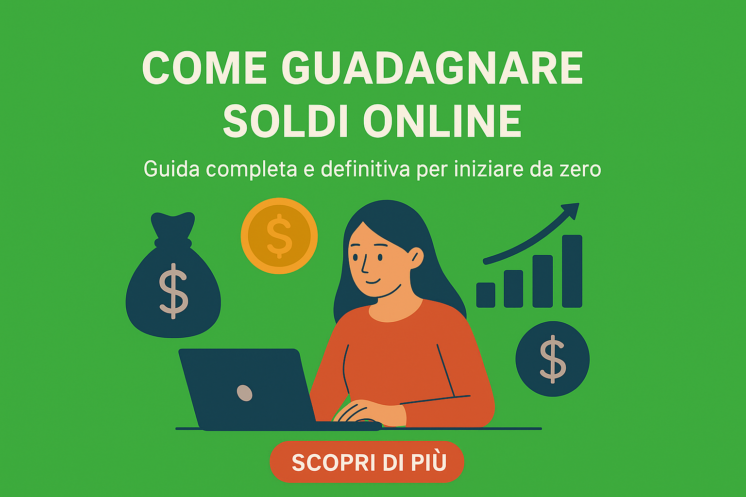 Illustrazione su sfondo verde di una persona al computer che spiega come guadagnare soldi online, guida completa per fare soldi online e iniziare come freelance.