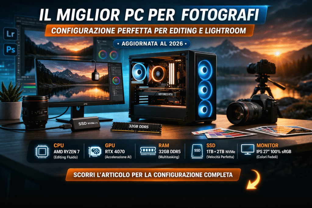 setup pc per fotografi con monitor professionale e editing foto 2026